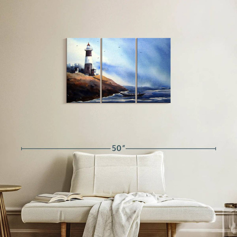 Bateau au bord de la mer, phare, H 20 po x l 33 po