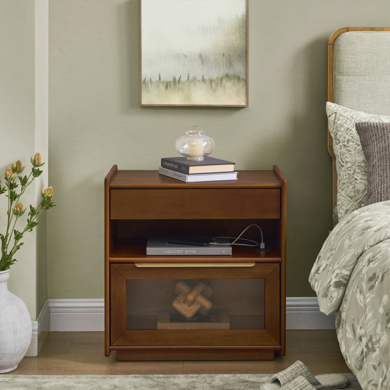 Nightstand With Charging Station & Outlet Hole & 2 Drawers, Farmhouse End Table With Open Shelf & Glass Drawer Dresser, Side Cabinet