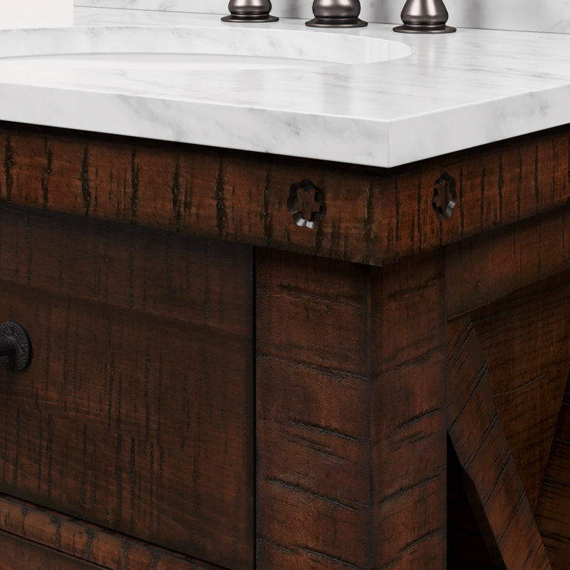 Aberdeen 30 In. Single Sink Blue Limestone Countertop Vanity In Rustic Sienna With Mirror, Carrara White, Rostic Sienna