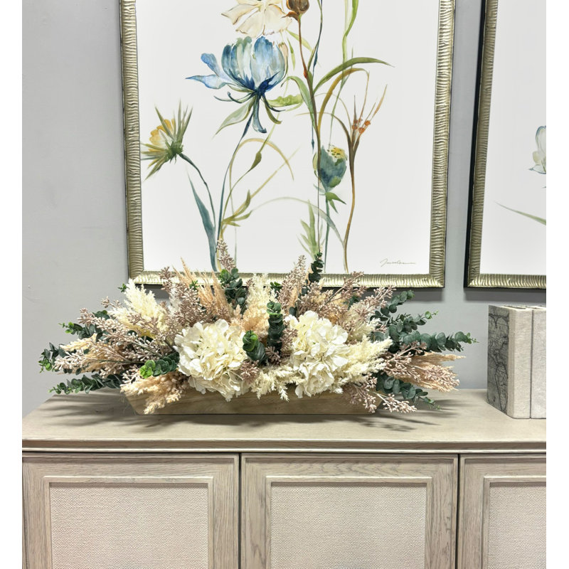 Hydrangea, Pampas and Eucalyptus Arrangement in Wooden Bowl