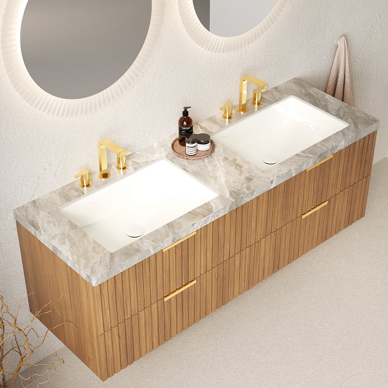 60" Wall-Mounted Double Sink Bathroom Vanity, Sintered Stone Countertop, 4 Soft-Close Drawers, Brown Oak Woodgrain Finish, Pre-Assembled