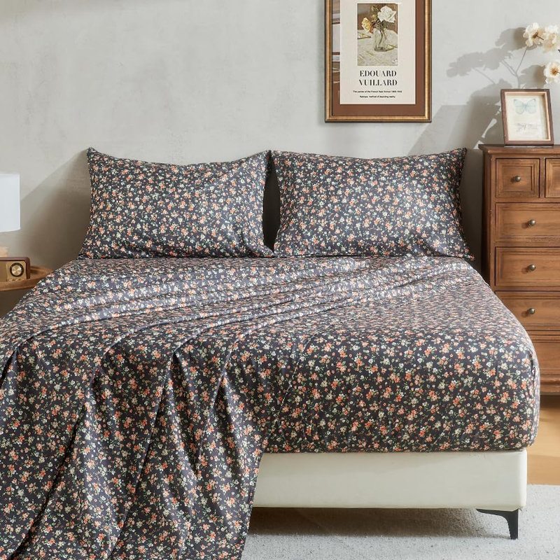 Hyprest Sheets, Soft Breathable Farmhouse Bed Sheet Sets, Deep Pocket Sheets, Queen Sheet Set, Black Floral