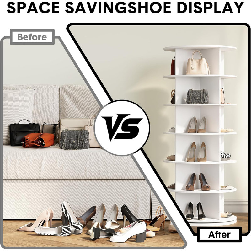 6 Tier Rotating Shoe Rack Tower for 24-28 Pairs, 360° Free Standing Spinning Shoe Storage, Round Rotate Shoe Handbag Rack for Living Room Entryway Doorway
