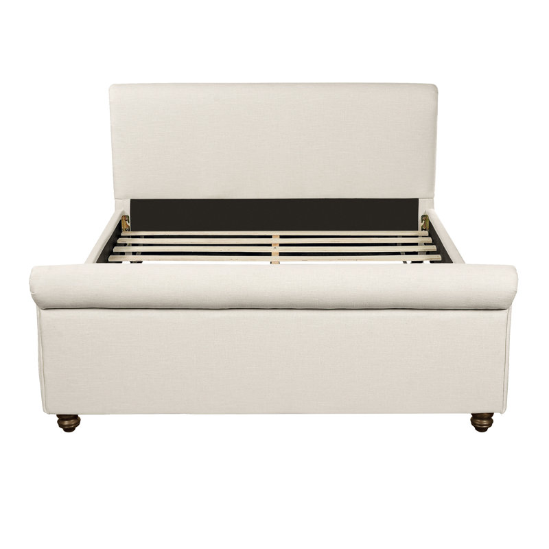 Structure de lit tapissier pour grand lit avec tissu en lin, tête de lit épaisse et pieds en bois massif, beige