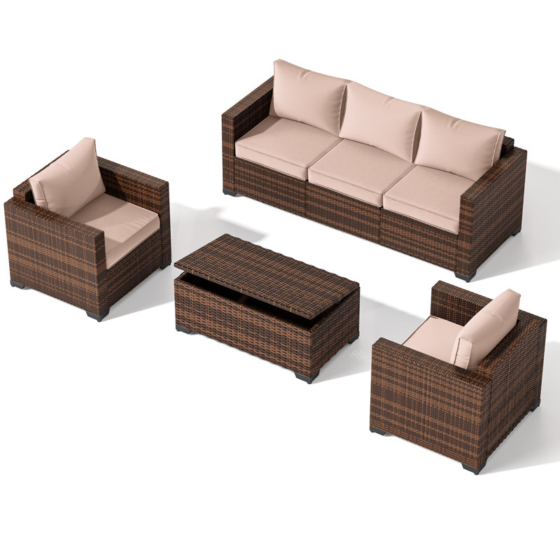 Ensemble de conversation 4 pièces en rotin avec accoudoirs et table de rangement., Beige