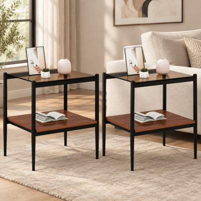 Ensemble de 2 tables d'appoint rectangulaires avec dessus en verre trempé et tablette en MDF