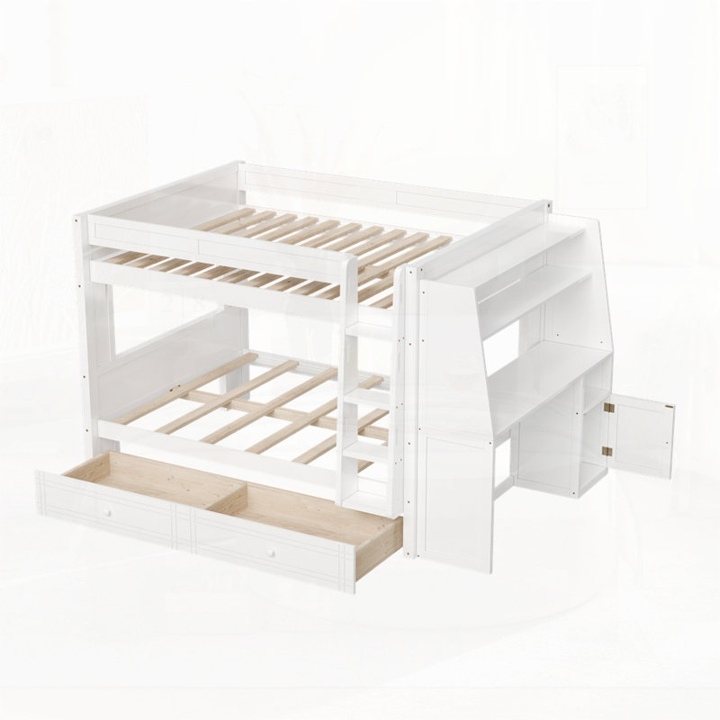 Lit superposé multifonctionnel avec bureau et bibliothèque, tiroirs, Blanc