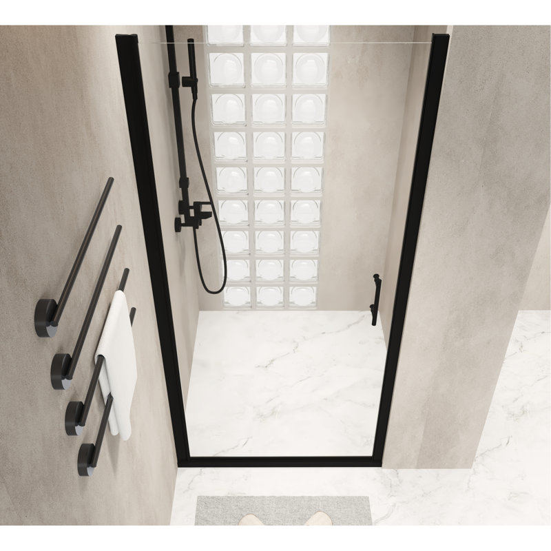28"x72" Matte Black Aluminum Frame Pivot Shower Door, 6mm Tempered Glass With Film, Stainless Steel Handle, Swing Door For Contemporary Bathroom Frame, Practical Design Layouts