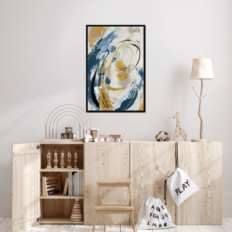 Blue Yellow Abstract - Painting, Black Framed Paper Print, 95cm H x 65cm W x 2.3cm D