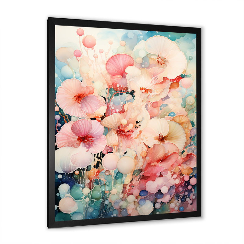 Aquarelle, coquillage rose et bleu, symphonie côtière, art mural tropical, H 20 po x l 12 po x P 1 po, Cadre simple noir
