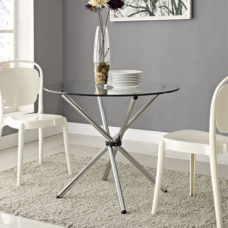 Baton Round Clear Glass Dining Table with Chrome Base