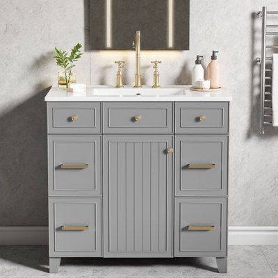 Meuble-lavabo 36 po vert forêt avec lavabo en céramique, structure en bois massif, tiroir à double profondeur pour outils pour les cheveux, 3 tiroirs et porte à fermeture douce, poignées dorées, style transitionnel