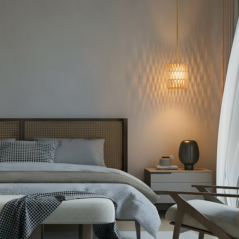 Luminaire suspendu 1 lumière de style bohémien à 1 lumière de 5,9 po avec abat-jour en rotin tissé à la main, luminaire suspendu doré pour îlot de cuisine, salle à manger, vestibule, pouvant être installé sur un toit incliné