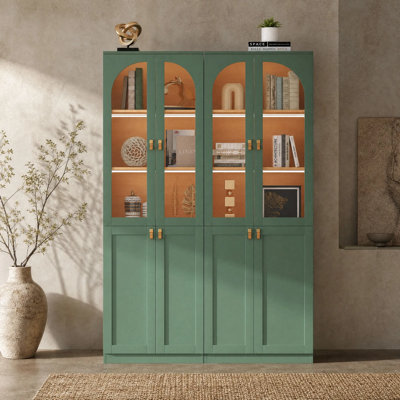 Cathcart 71"H X 47.2"W Sage Green Bookcase With Glass Doors And Shelves, Storage Cabinet With LED Light Strips (2 Pcs)