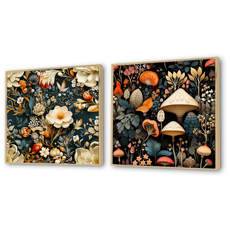 Marwan - Ensemble de 2 décorations murales botaniques abstraites, Encadrement brun, H 36 po x l 73 po x P 1,5 po