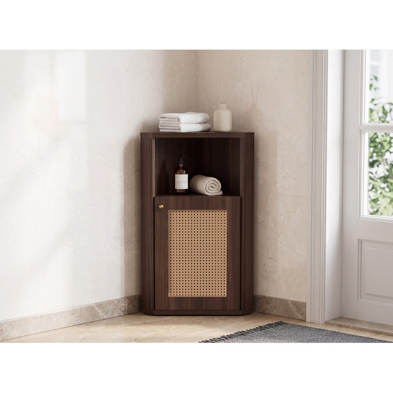 Armoire de rangement en coin Farmhouse avec porte de grange en rotin, Brun