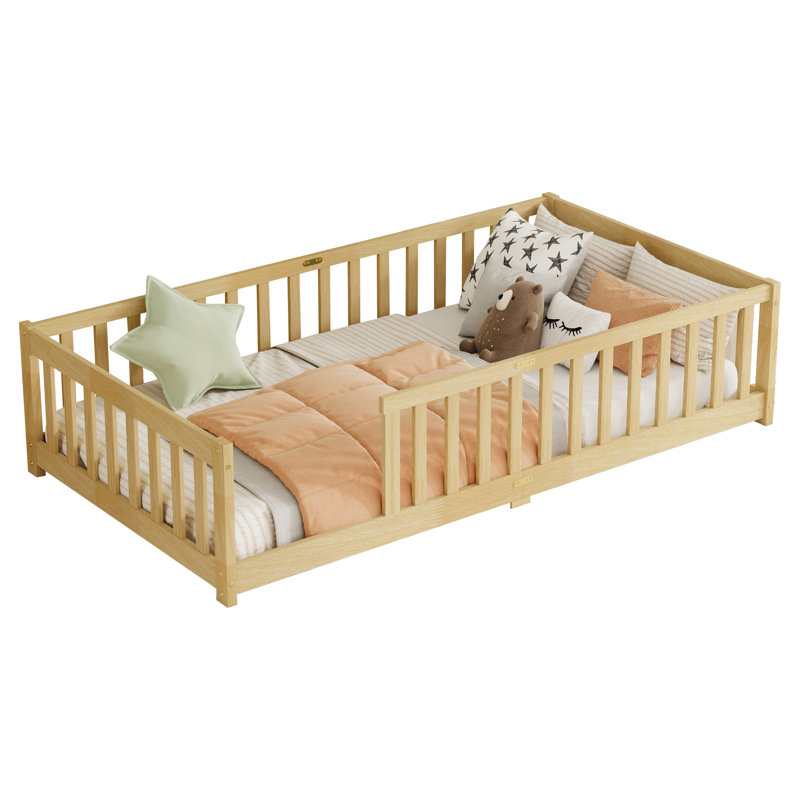 Kolia Twin Kids Rubberwood Floor Platforms Bed With Fence, Tan