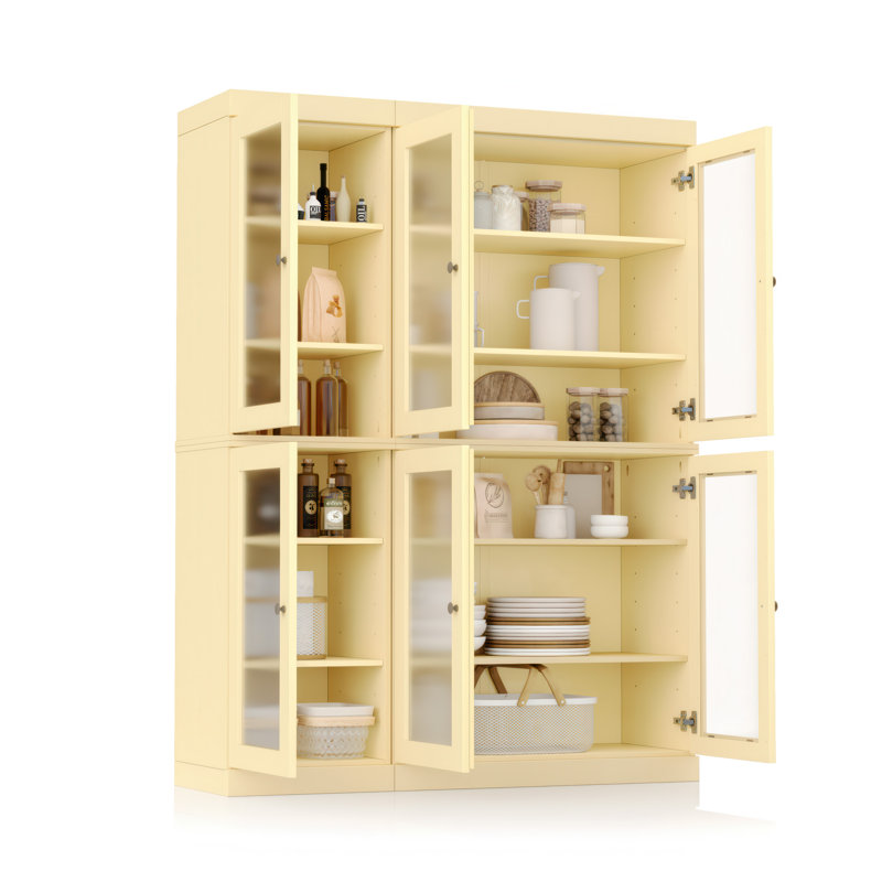 Vaisselier 100% bois massif 48,5 po avec portes en verre givré et tablettes réglables, Jaune