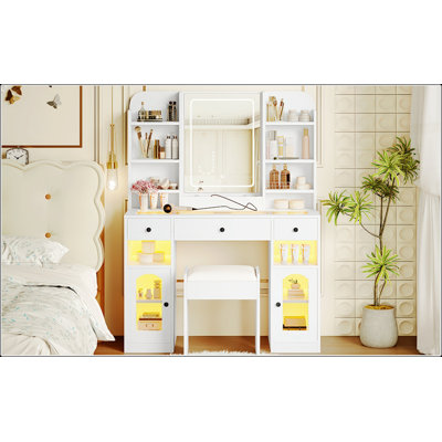 43.2-Inch Glass Top Vanity Desk with LED Mirror, RGB Light Cabinets, 3 Drawers, Storage Shelves, and Stool for Modern Bedrooms