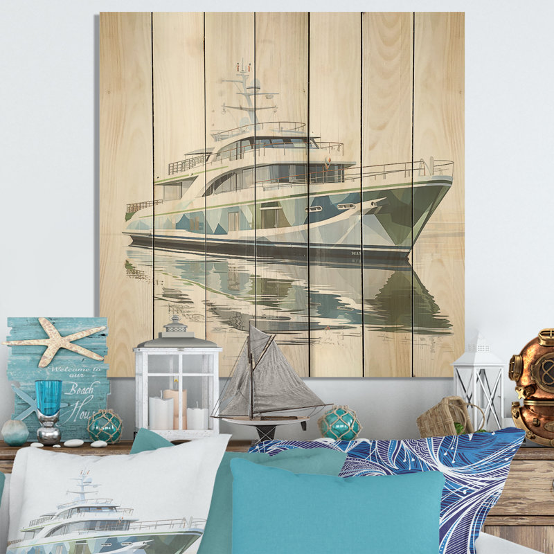 Art Nouveau Yacht In Miami - Coastal Boat On Wood Print, 15" H x 15" W
