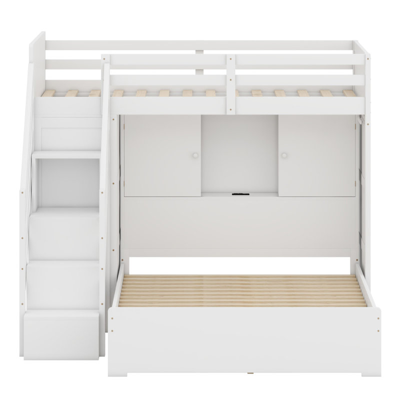 Space-Saving Loft Bed Featuring Climbing Storage Steps, Attached Closet, Multi-Port USB Hub, and LED Light System, White