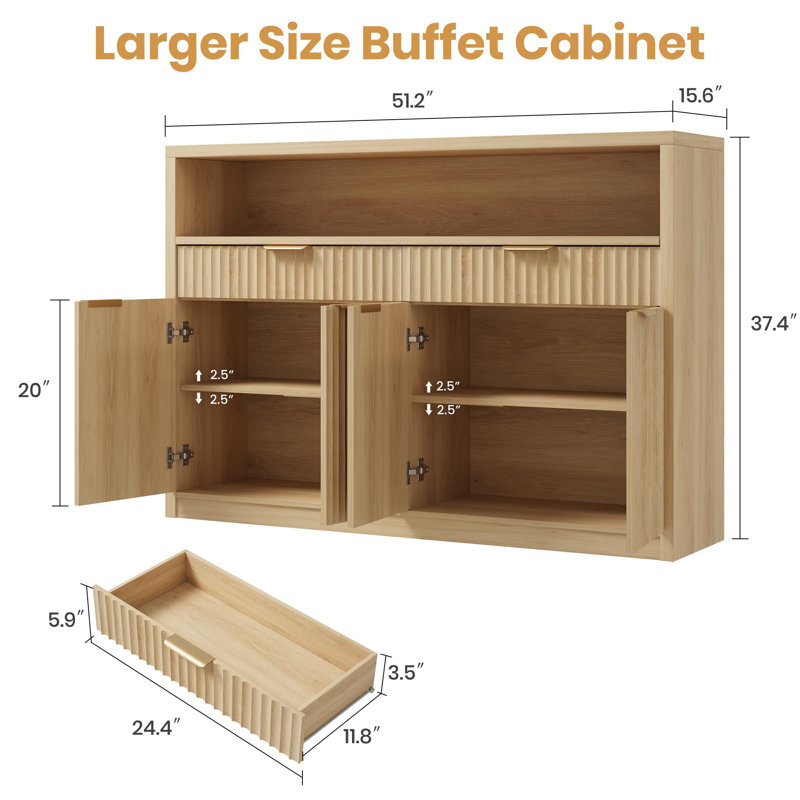 Armoire de rangement cannelée moderne avec 2 tiroirs et 4 portes, buffet de garde-manger avec tablette ouverte et tablettes réglables pour le vestibule, naturel