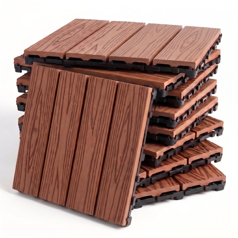 Dalles de terrasse emboîtables en composite bois-plastique (WPC), 30 cm x 30 cm, paquet de 25, dalles de sol de patio à 4 lattes en relief, acajou, étanches et drainantes, pour balcon, jardin ou piscine.