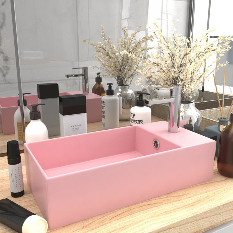 Belfry Bathroom Kettering 480mm L x 250mm W Ceramic Rectangular Sink with Overflow, Pink