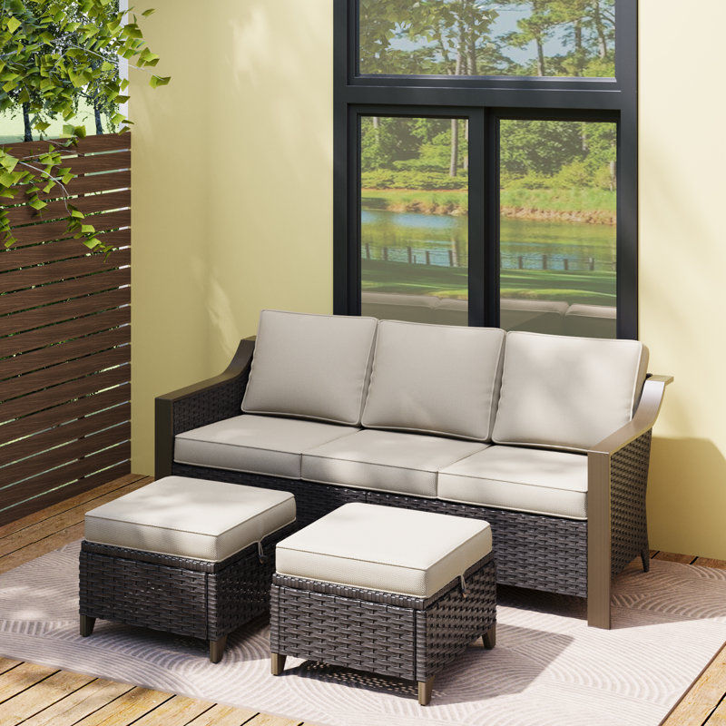 Three-seater Patio Wicker Sofa With Ottomans, Beige