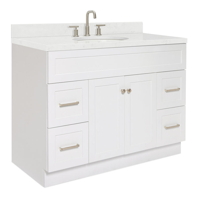 Abell 48.25'' Bathroom Vanity with Carrara Quartz Top, Brushed Nickel, White