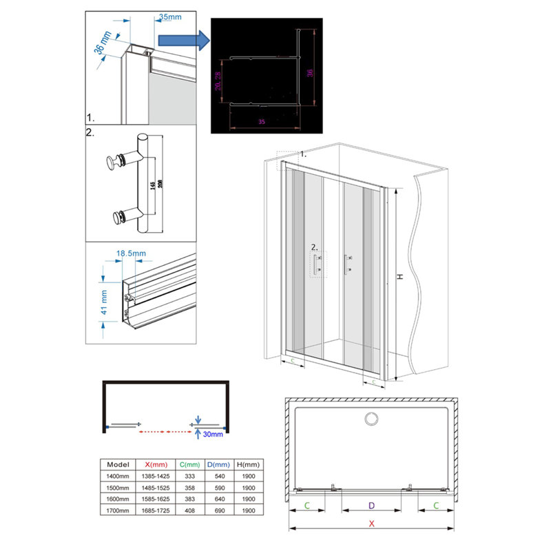 Aument Bathroom Shower Enclosure Cubicle Double Sliding Door with 800mm Side Panel Screen - 1900 x 1600 mm, Chrome