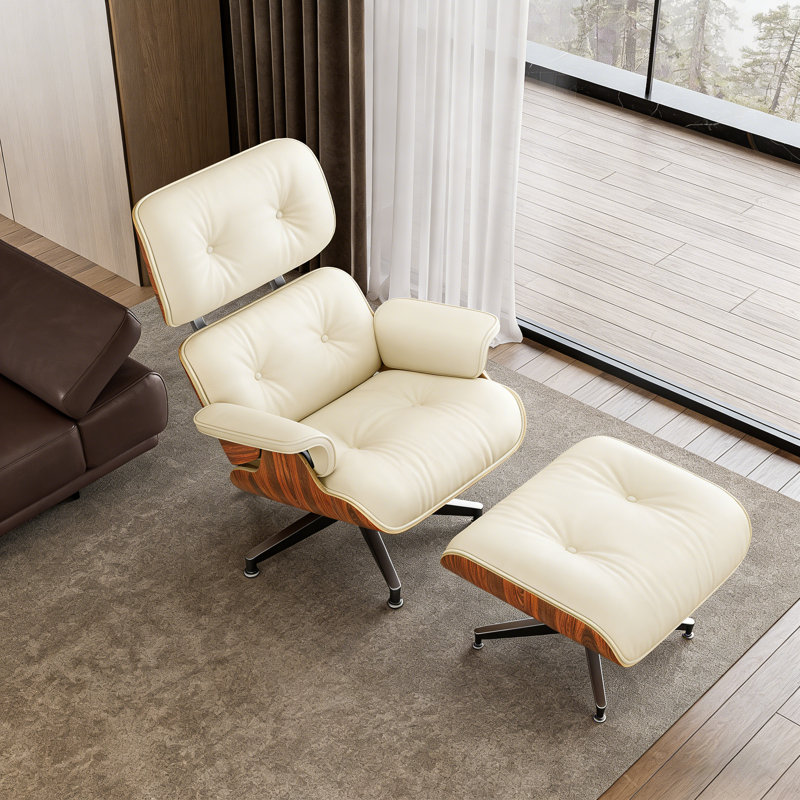 Mid Century Genuine Leather Lounge Chair With Ottoman, Solid Wood Frame, Strong Aluminum Legs, Memory Foam, Cream/Rose Walnut