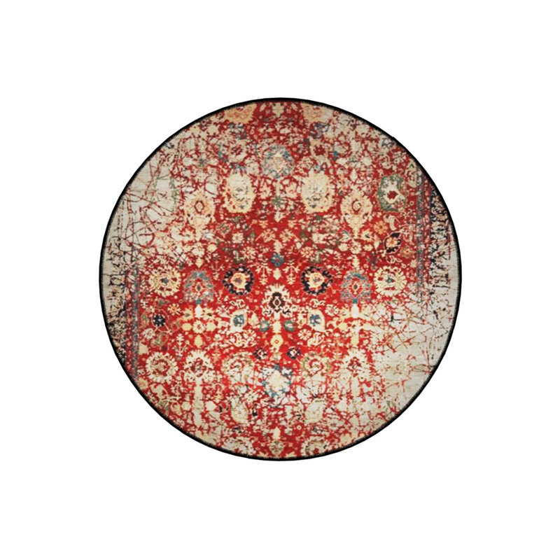 Red Beige Theme Traditional Motif Patterned Round Woven Base Vintage Decorative Carpet, Round 5'