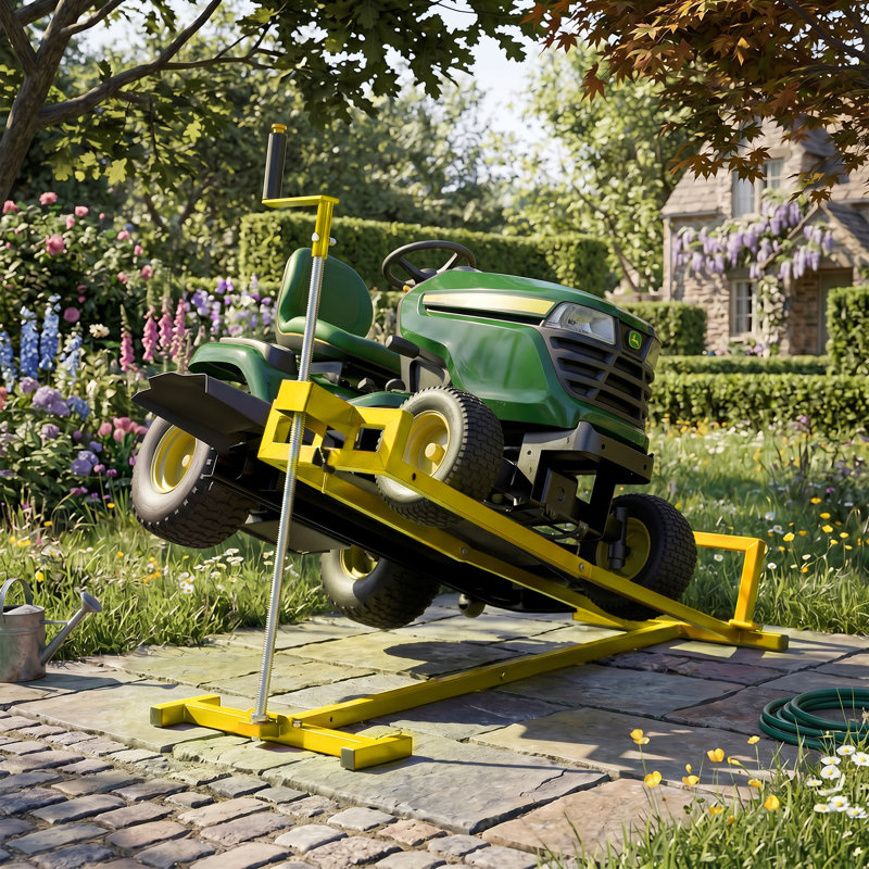 Cric de levage pour tracteur de pelouse 880 lb, support de tondeuse pliable avec manivelle et adaptateur de perceuse électrique, jaune