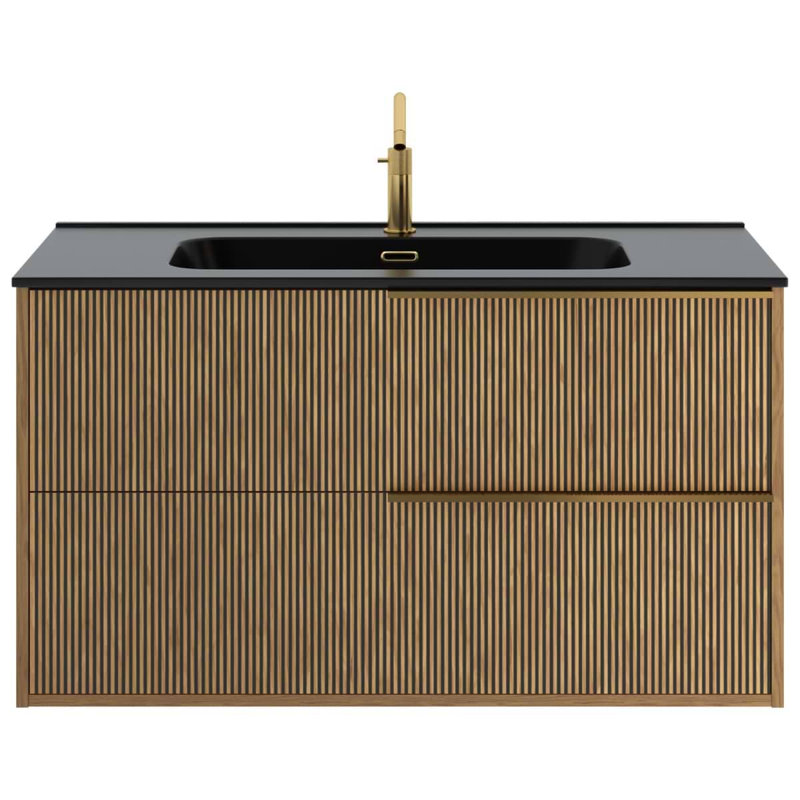 Kora Art 40" Fluted Wall-Mounted Single Bathroom Vanity with Integrated Ceramic Top & Handles, Gold, 40"