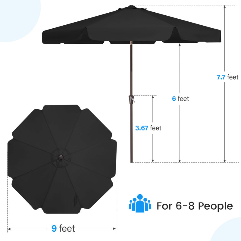 Parasol de marché pour patio extérieur, Noir, H 97,6 po x l 108 po x P 108 po