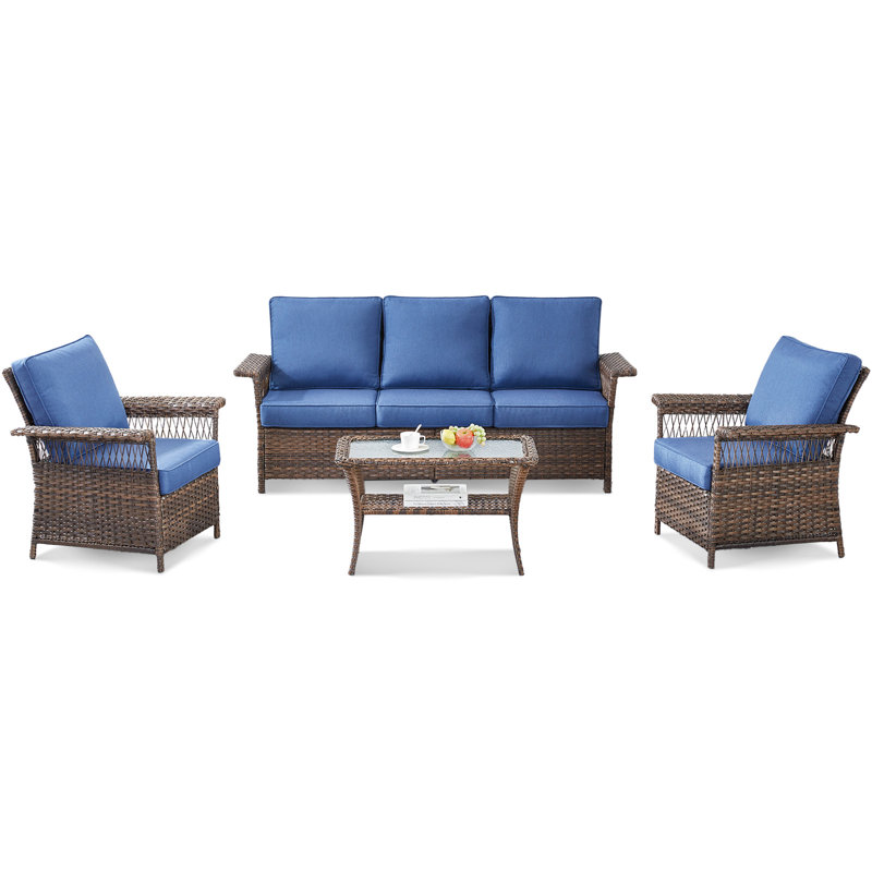 Mayeli Wicker 5 - Person Patio Conversation Set with Cushions, Blue