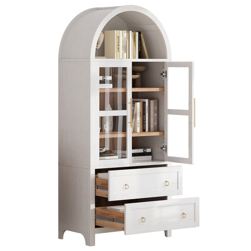 Armoire de rangement de 180 cm de haut au design arqué, couleur bicolore et glissières métalliques fluides pour un rangement silencieux et efficace. Portes vitrées supérieures modernes, pentures incluses. Solution d'aménagement intérieur sécuritaire et esthétique.