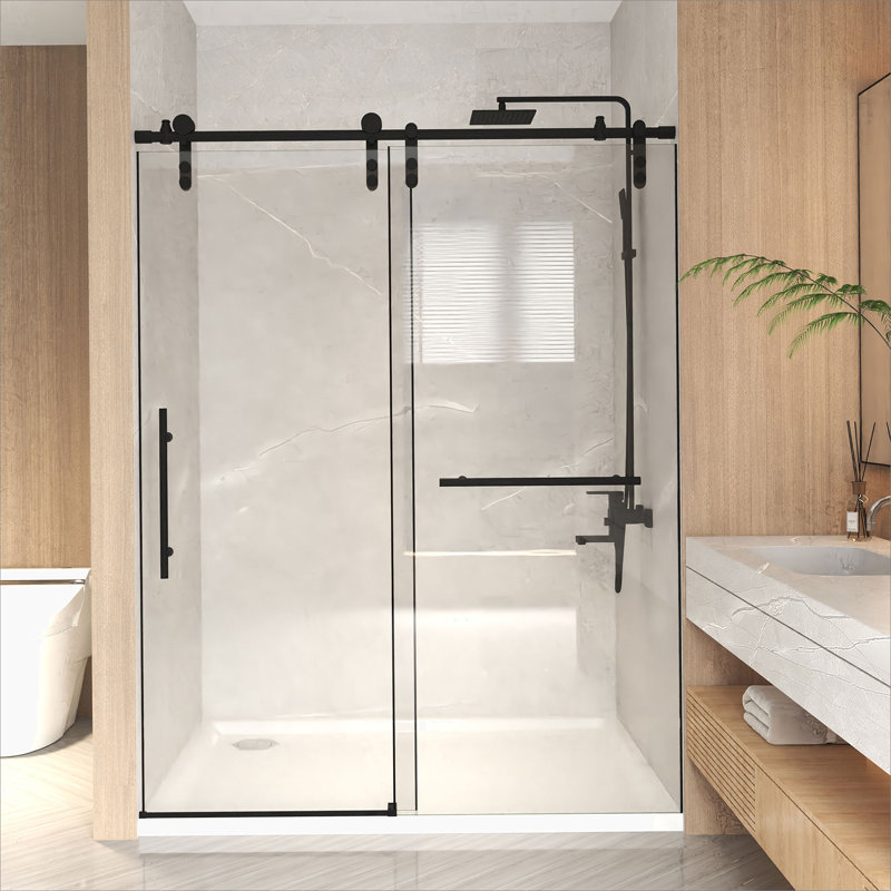 Porte de baignoire coulissante sans cadre avec verre trempé transparent et cadre en acier inoxydable, largeur réglable, finition noir mat