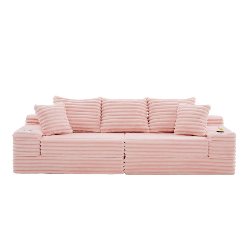 Canapé-lit avec porte-gobelets, poches latérales, Velours côtelé rose