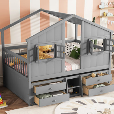 Pine Wooden Grey Full Size House Loft Bed With Roof, Windows, 4 Storage Drawers, Guardrails, And A Comfortable Bedroom Centerpiece Made From An Easy - To Clean Surface