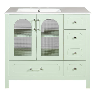 Meuble-lavabo de salle de bain avec lavabo, taille de 72 pouces, portes en verre texturé gaufré, finition turquoise fraîche, rangement intelligent, huit tiroirs, comptoir à quatre éviers doubles, tablette réglable, fonctionnement en douceur, polyvalence