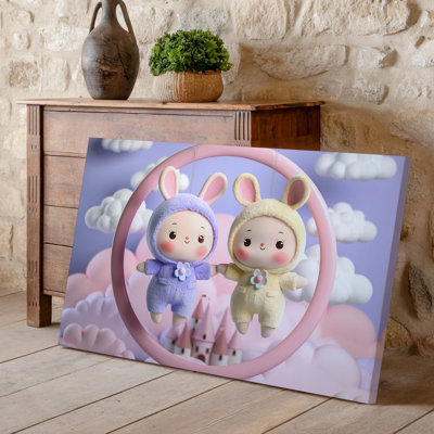 Toile, deux adorables poupées en peluche, l'une habillée d'un lavande moelleuse, et l'autre dans un doux lapin jaune