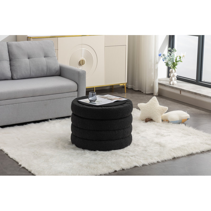 Tomkiel Round Storage Ottoman, Black Boucle