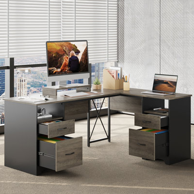 Daymen 63'' L Shaped Home Office Desk with 2 File &Storage Drawers, Corner Executive Desks with Monitor Stand and Open Compartments