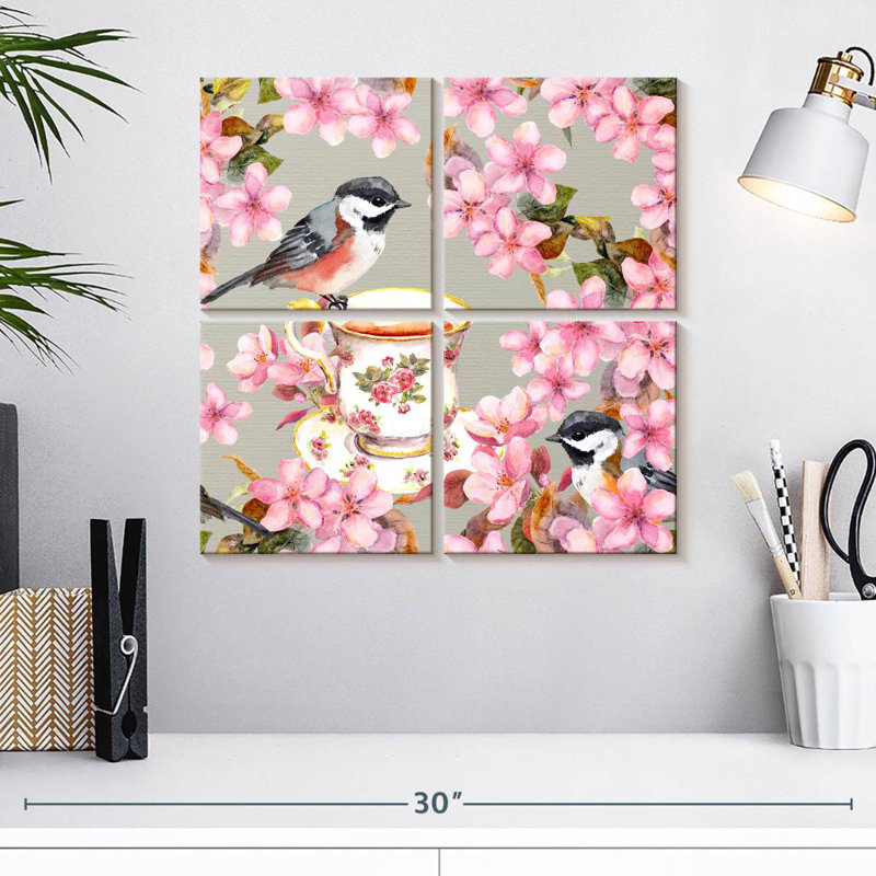 Brampt Bird On Teacup And Pink Flowers