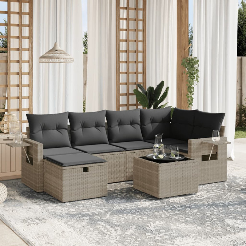  Ensemble de canapé de jardin en rotin de polyester gris clair, grand verre trempé