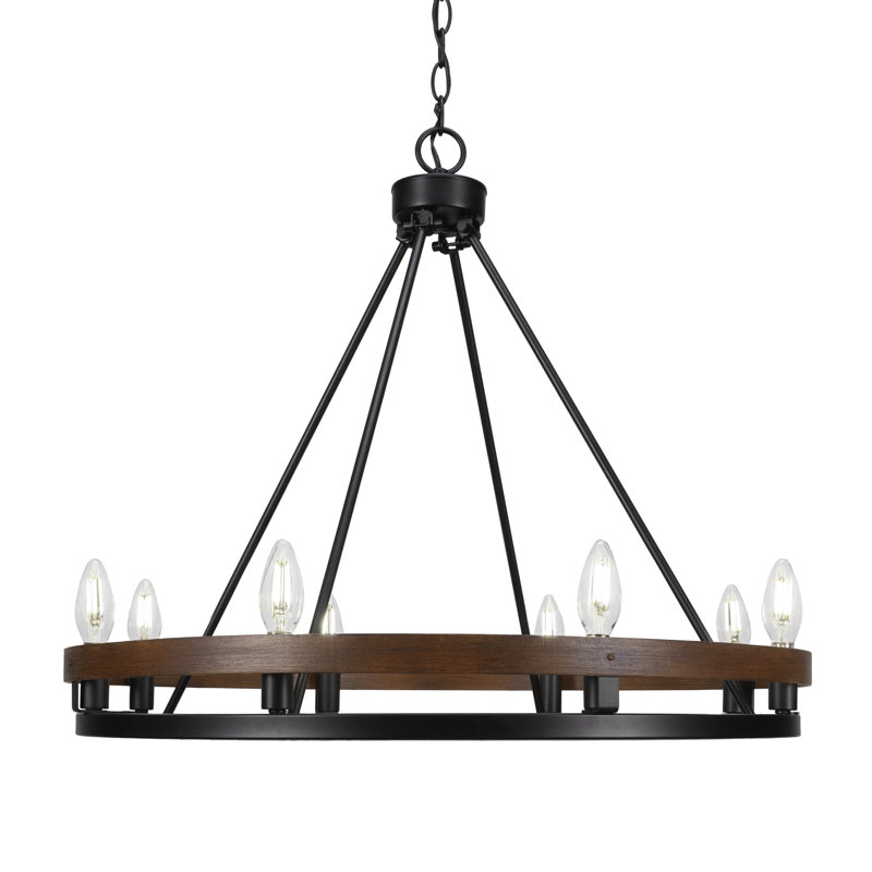 Belmont 8 Light Uplight Chandelier Shown In Painted Wood-look Metal & Matte Black Finish