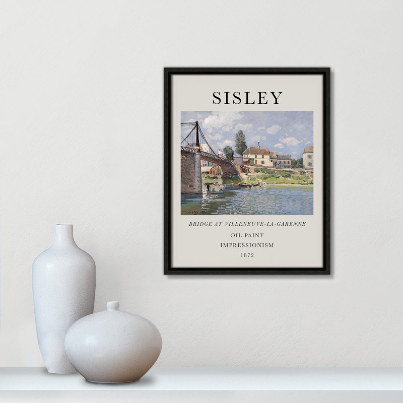 Old Masters Collection " The Bridge At Villeneuve " by Alfred Sisley, Espresso Floater Frame, No, 15.5" H x 12.5" W x 2" D