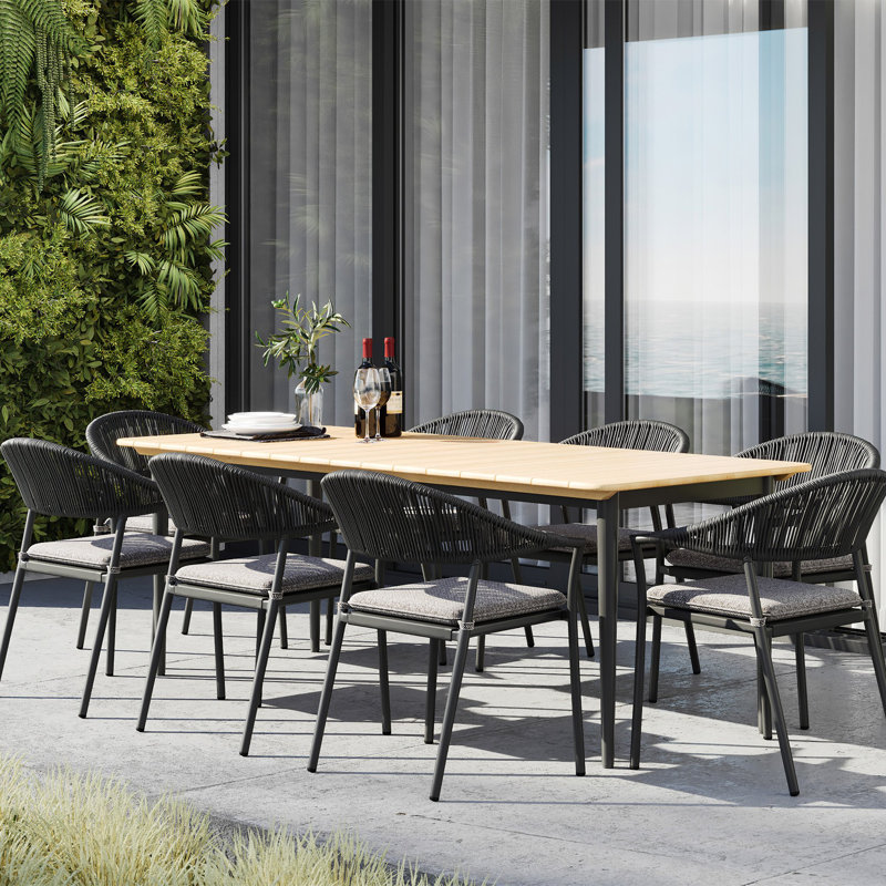 Claudia 8 Seater Rectangular Teak Dining Set in Graphite, Charcoal